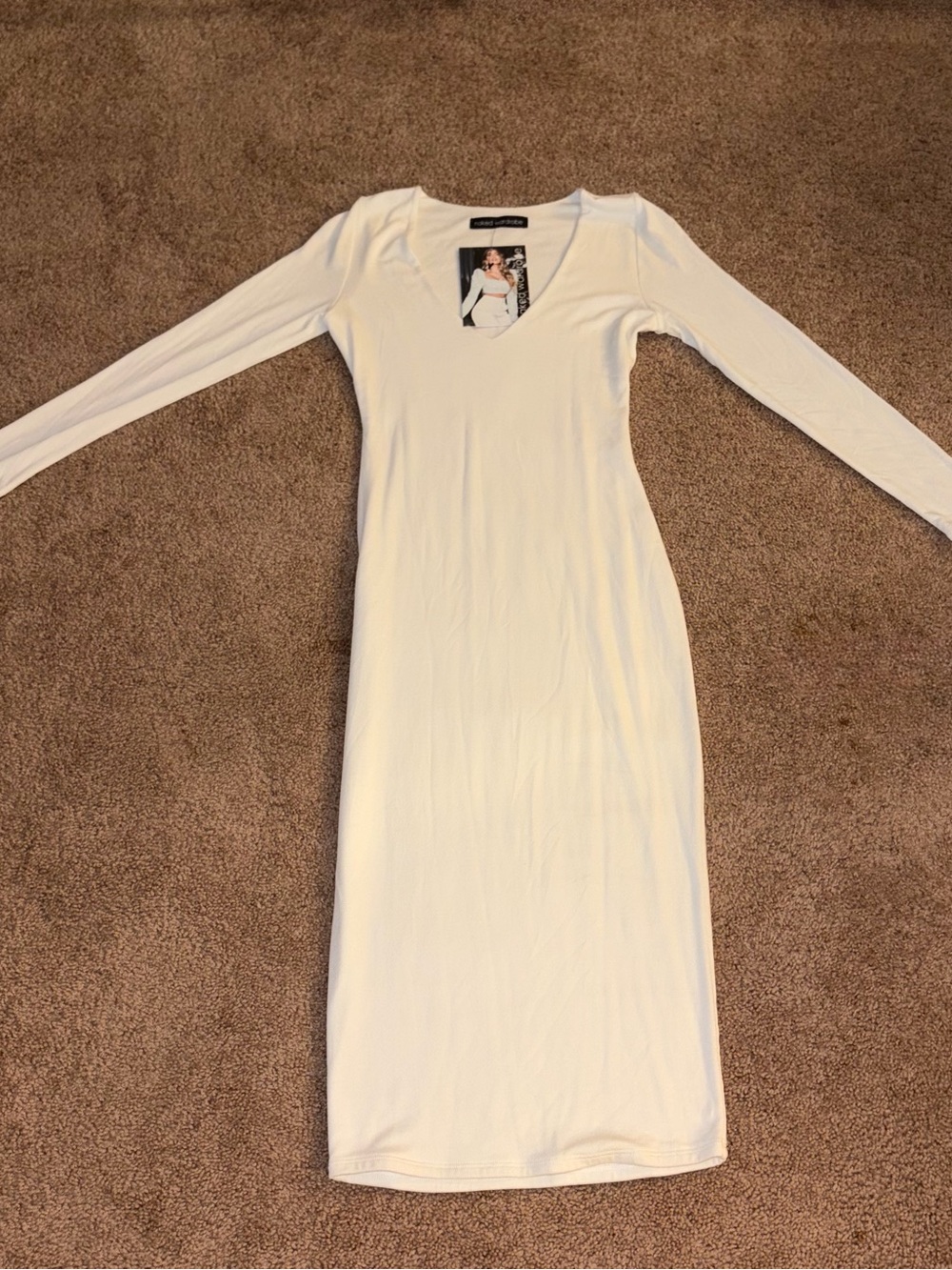 Naked Wardrobe Ivory Long Sleeve V-Neck Midi Dress